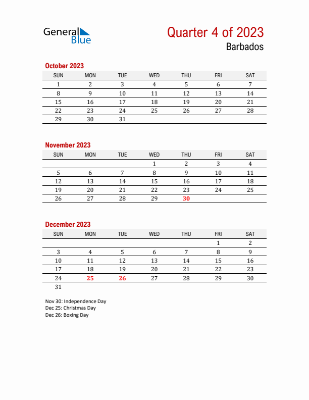 Printable Three Month Calendar with Barbados Holidays