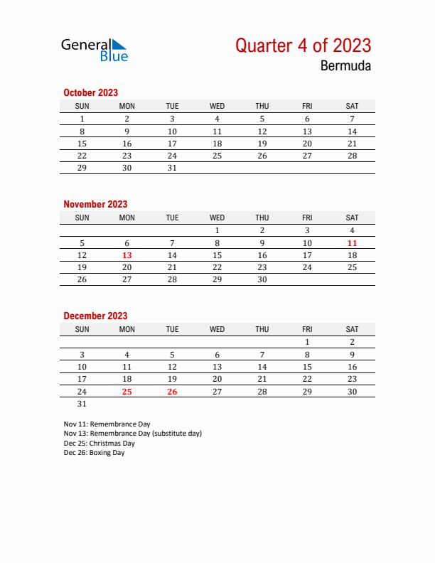 Printable Three Month Calendar with Bermuda Holidays