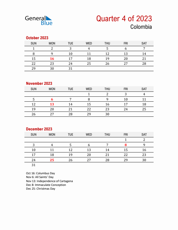 Printable Three Month Calendar with Colombia Holidays