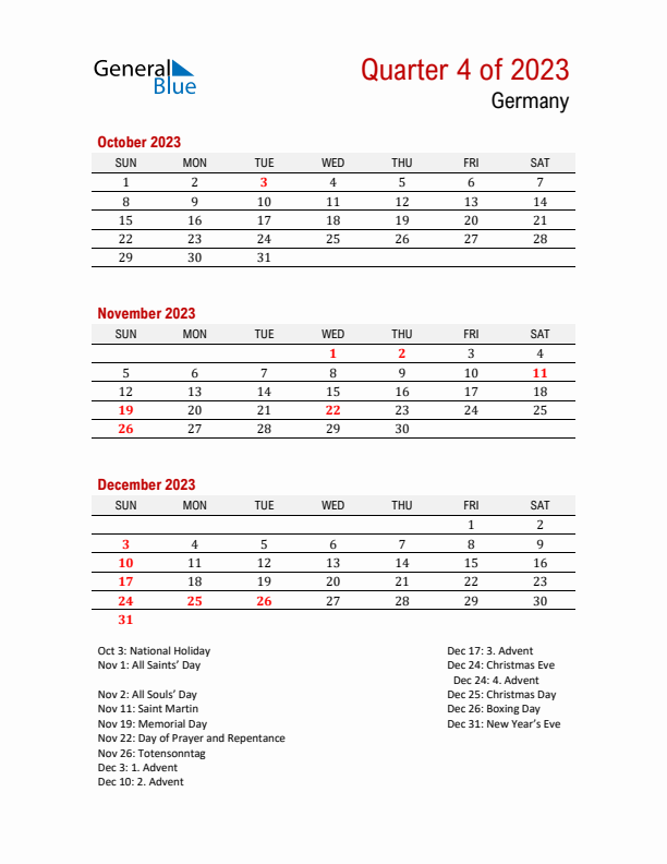 Printable Three Month Calendar with Germany Holidays