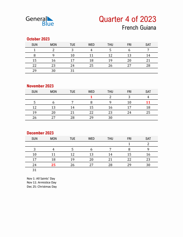 Printable Three Month Calendar with French Guiana Holidays