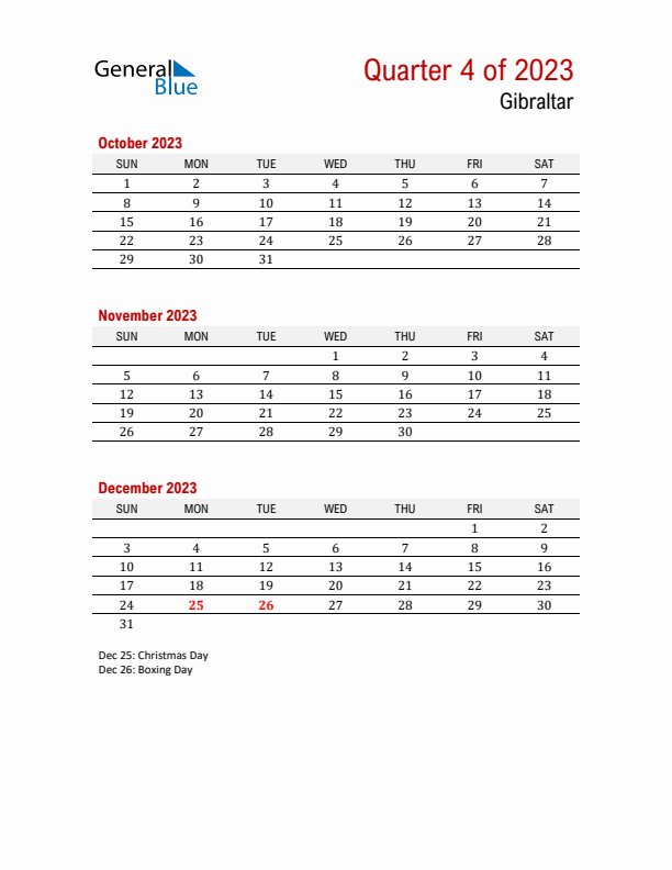 Printable Three Month Calendar with Gibraltar Holidays