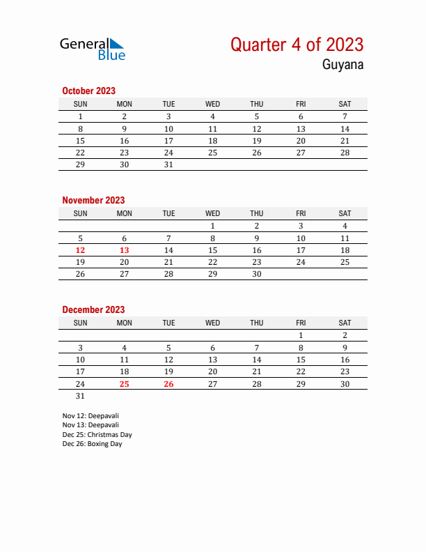 Printable Three Month Calendar with Guyana Holidays