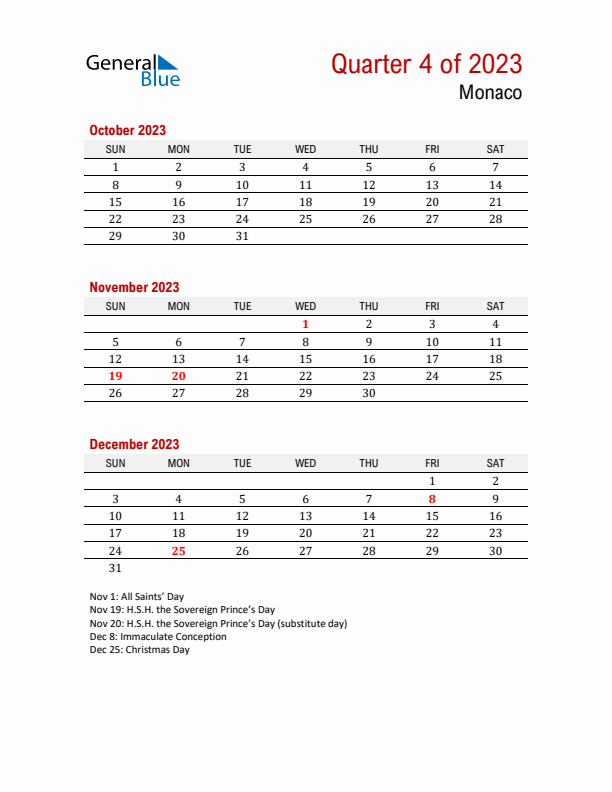 Printable Three Month Calendar with Monaco Holidays