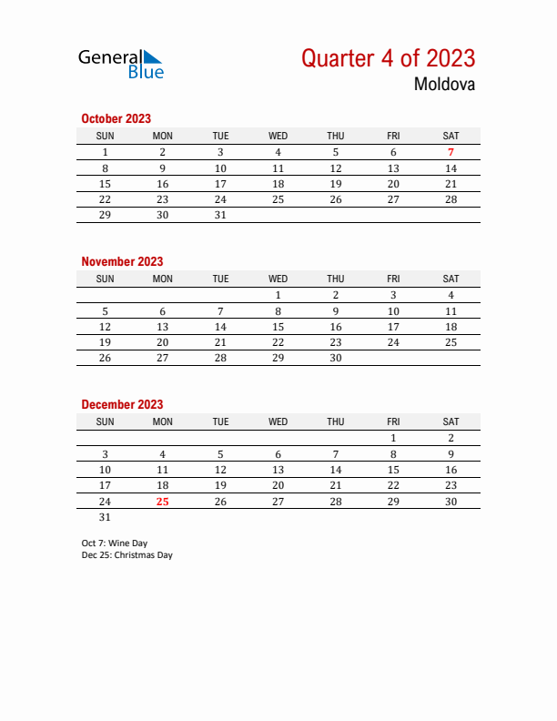 Printable Three Month Calendar with Moldova Holidays