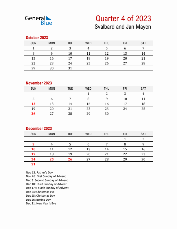 Printable Three Month Calendar with Svalbard and Jan Mayen Holidays