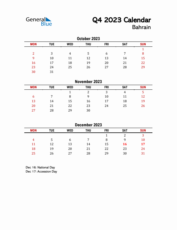 2023 Q4 Calendar with Holidays List for Bahrain