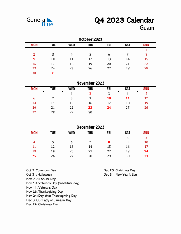 2023 Q4 Calendar with Holidays List for Guam