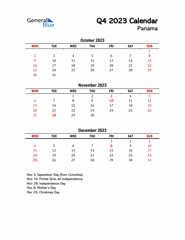 2023 Q4 Calendar with Holidays List for Panama