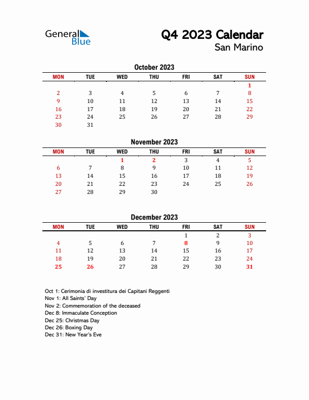 2023 Q4 Calendar with Holidays List for San Marino