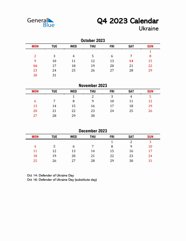 2023 Q4 Calendar with Holidays List for Ukraine