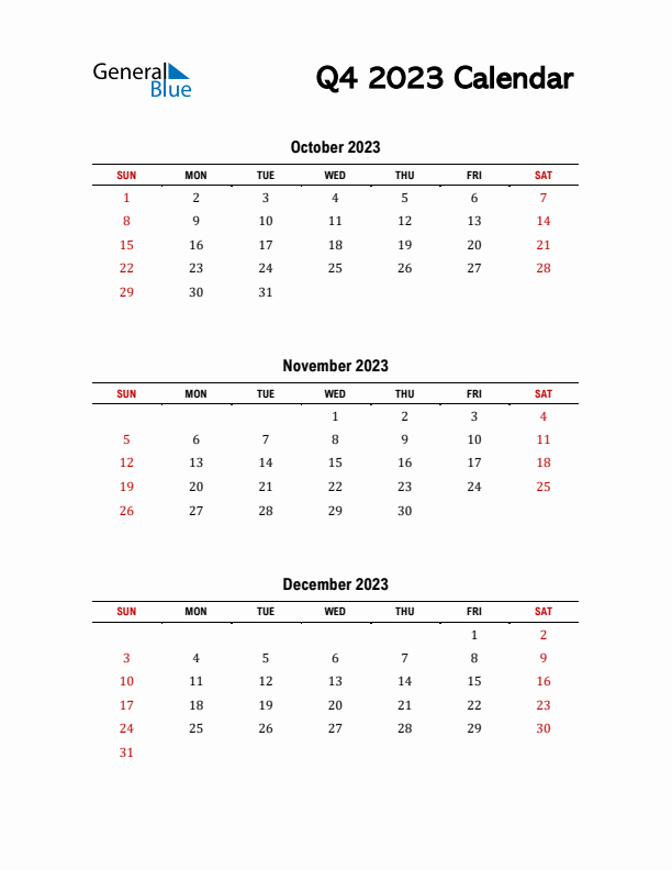 2023 Q4 Calendar with Red Weekend