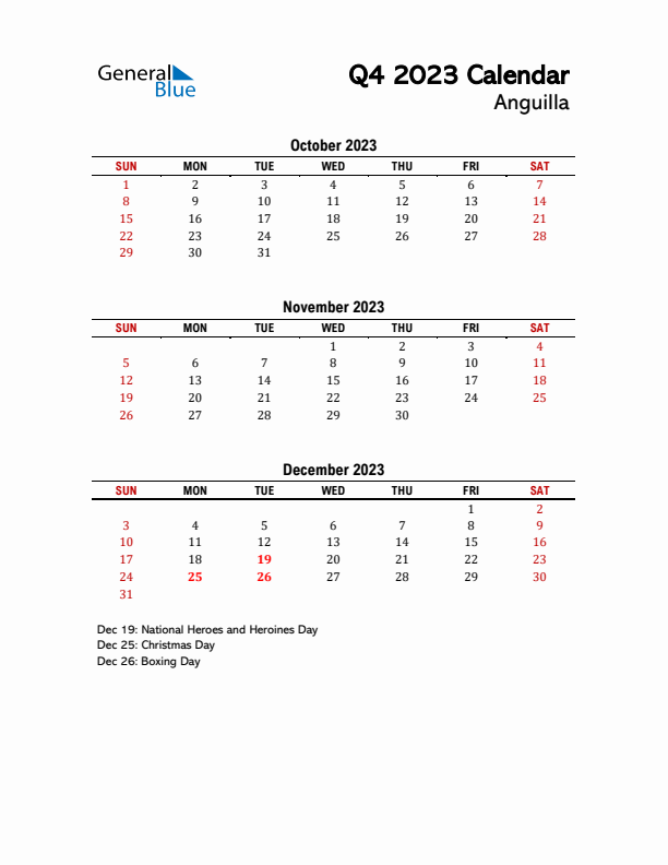 2023 Q4 Calendar with Holidays List for Anguilla