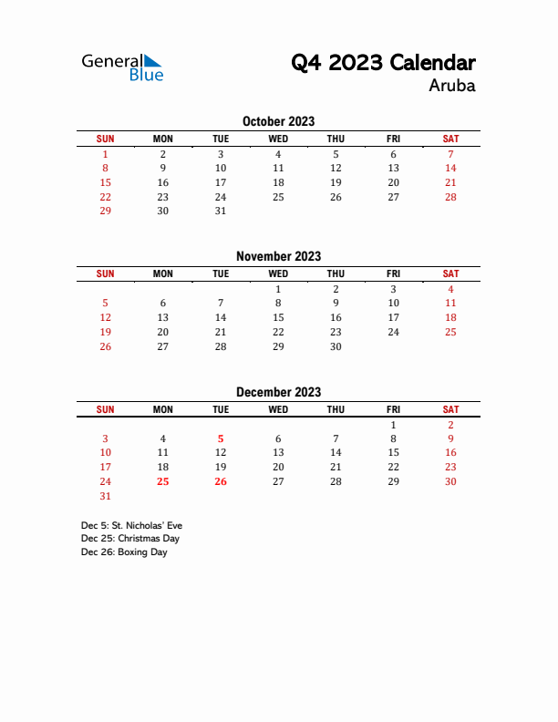 2023 Q4 Calendar with Holidays List for Aruba