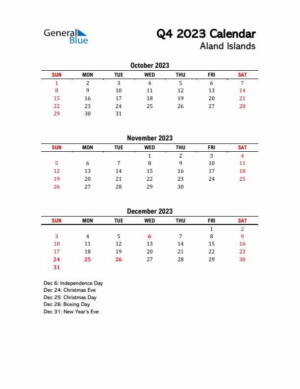 2023 Q4 Calendar with Holidays List for Aland Islands