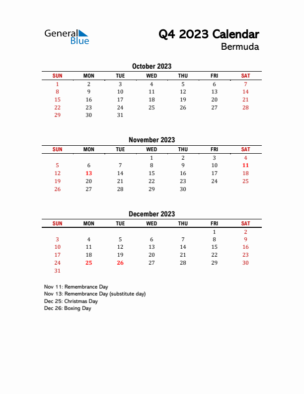 2023 Q4 Calendar with Holidays List for Bermuda