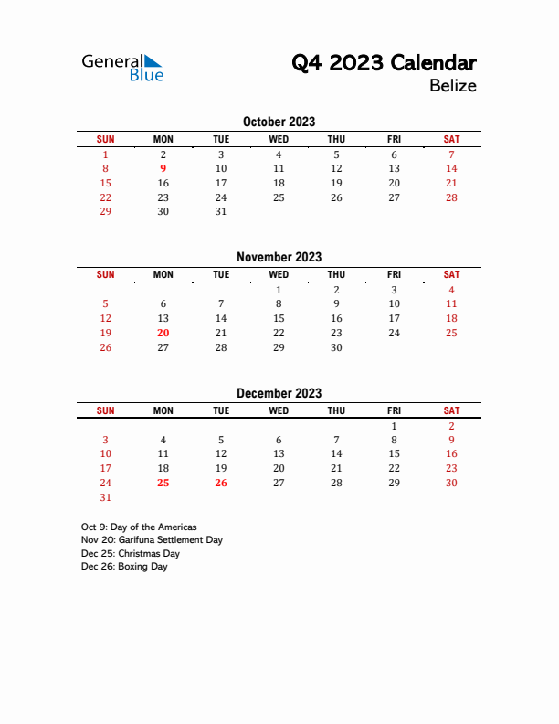 2023 Q4 Calendar with Holidays List for Belize