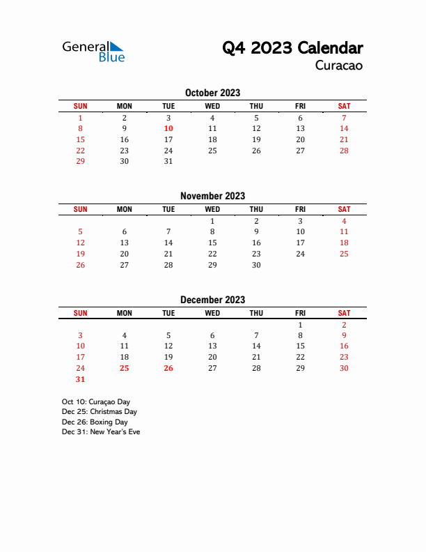 2023 Q4 Calendar with Holidays List for Curacao