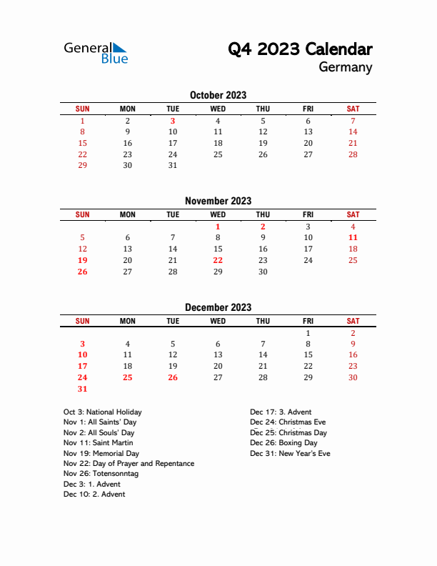 2023 Q4 Calendar with Holidays List for Germany