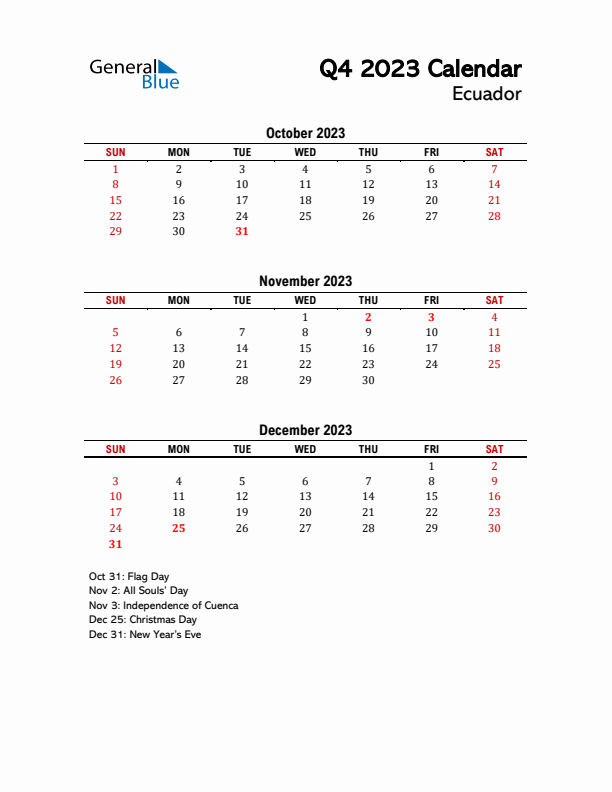 2023 Q4 Calendar with Holidays List for Ecuador