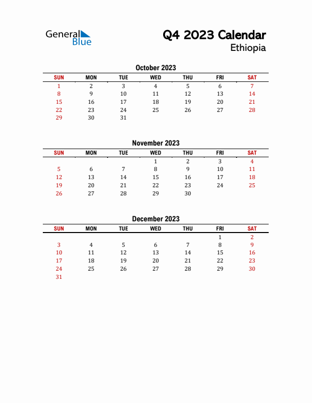 2023 Q4 Calendar with Holidays List for Ethiopia