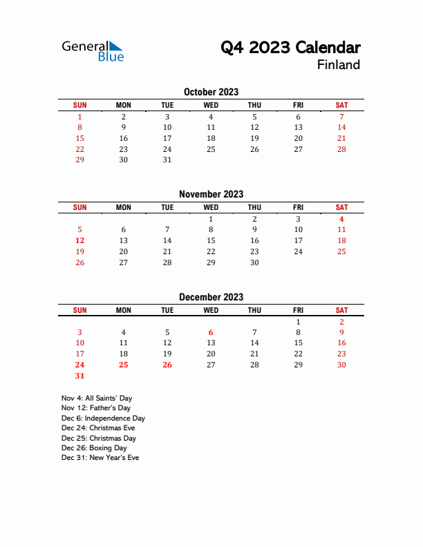 2023 Q4 Calendar with Holidays List for Finland