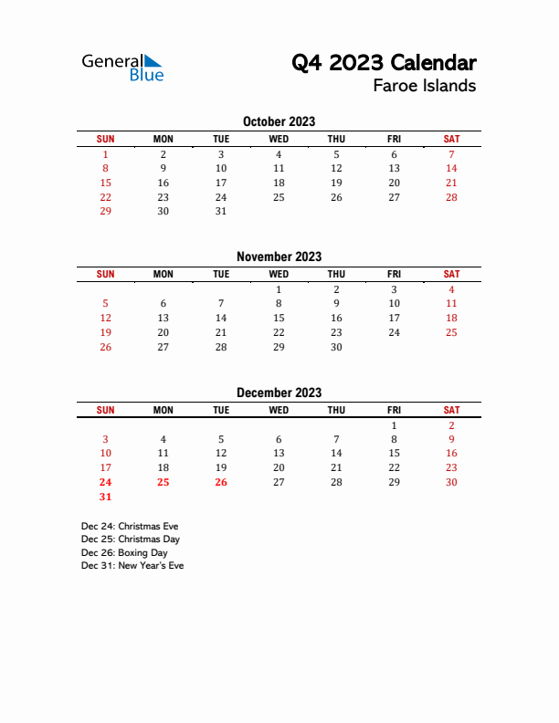 2023 Q4 Calendar with Holidays List for Faroe Islands