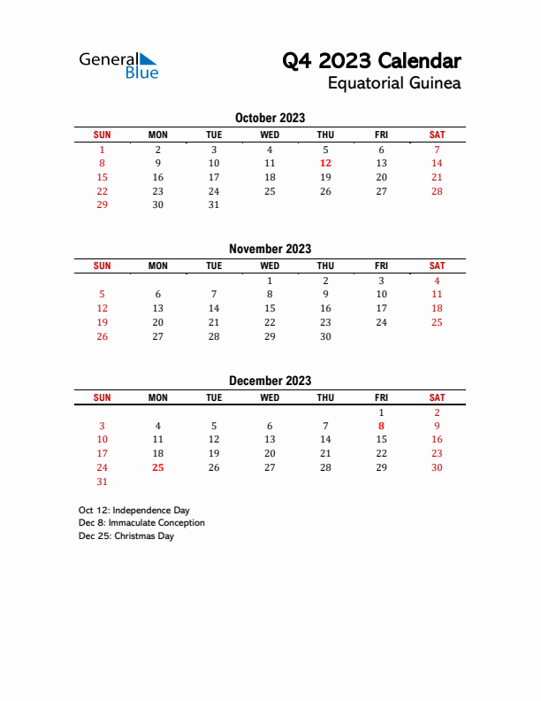 2023 Q4 Calendar with Holidays List for Equatorial Guinea