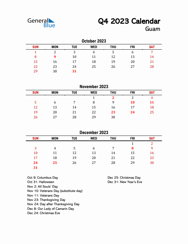 2023 Q4 Calendar with Holidays List for Guam