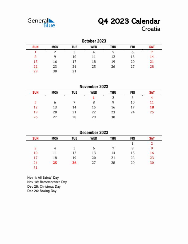 2023 Q4 Calendar with Holidays List for Croatia