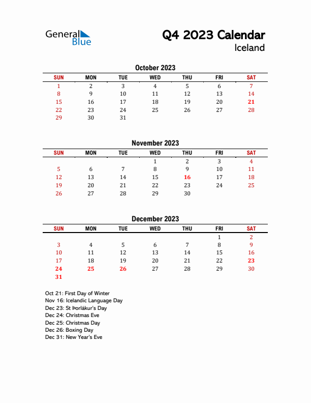 2023 Q4 Calendar with Holidays List for Iceland