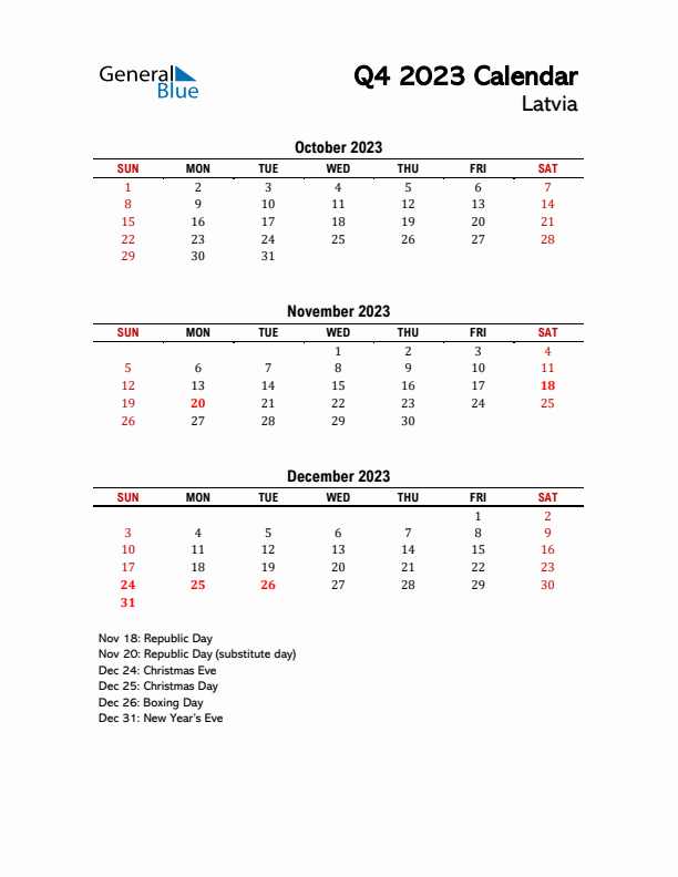 2023 Q4 Calendar with Holidays List for Latvia