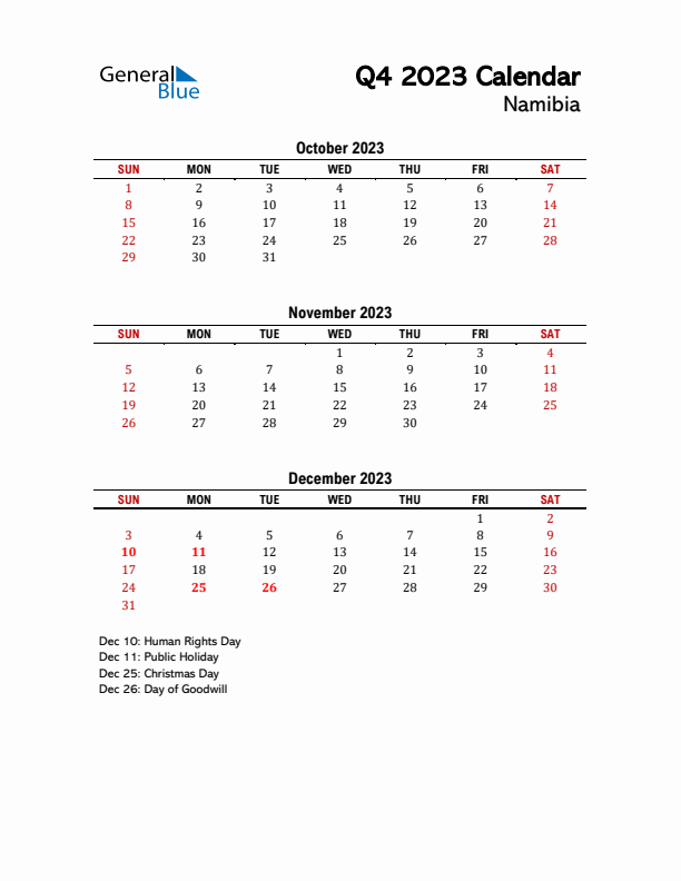 2023 Q4 Calendar with Holidays List for Namibia