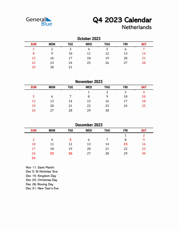 2023 Q4 Calendar with Holidays List for The Netherlands