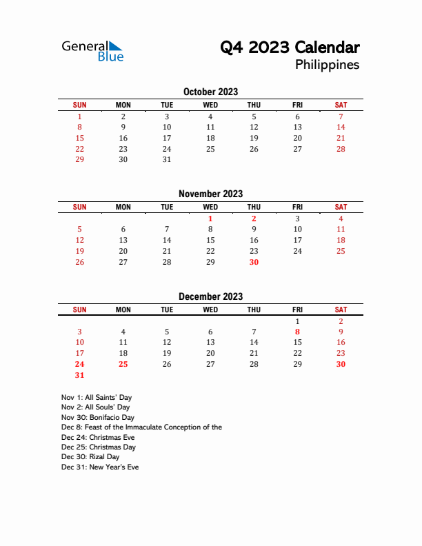 2023 Q4 Calendar with Holidays List for Philippines