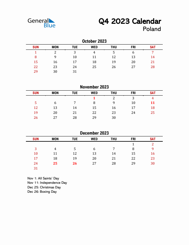 2023 Q4 Calendar with Holidays List for Poland