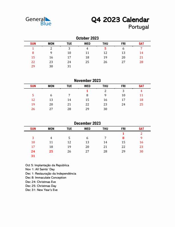 2023 Q4 Calendar with Holidays List for Portugal