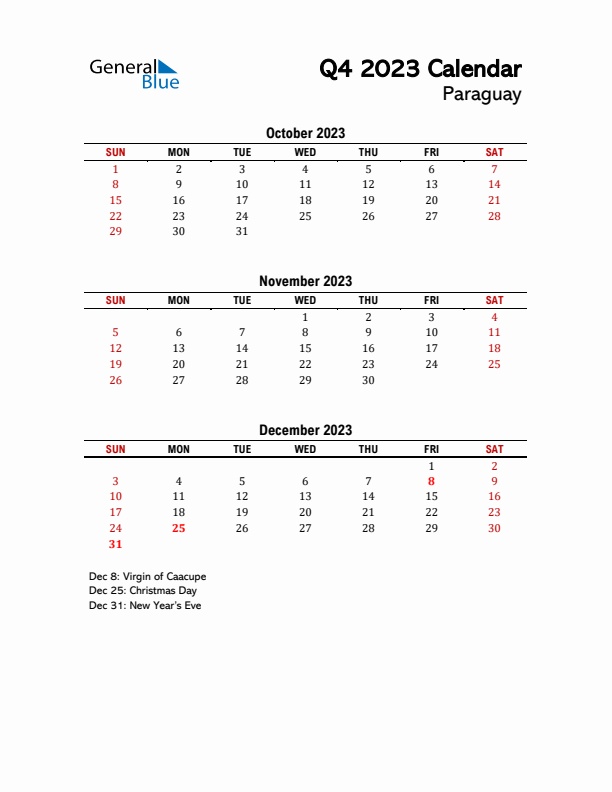 2023 Q4 Calendar with Holidays List for Paraguay