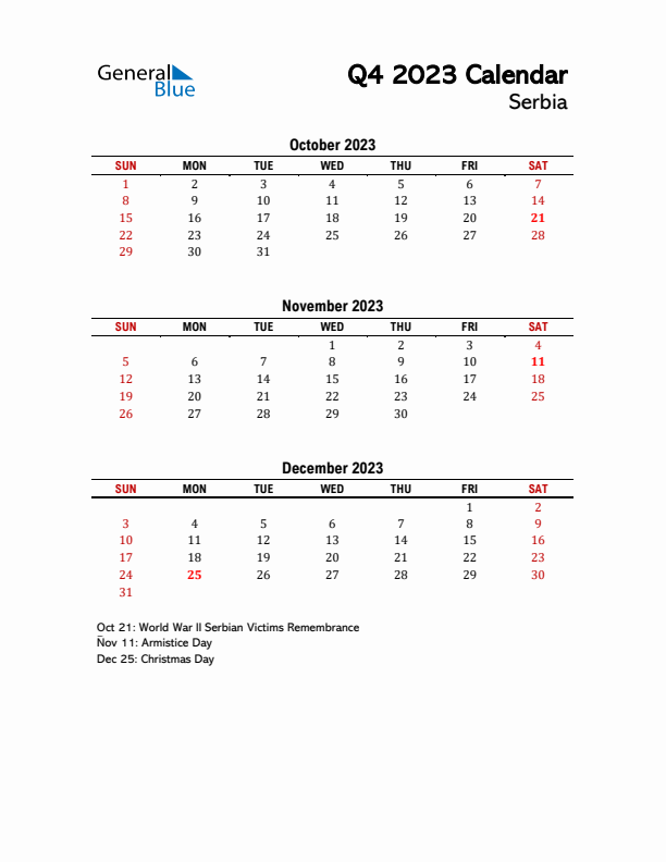 2023 Q4 Calendar with Holidays List for Serbia