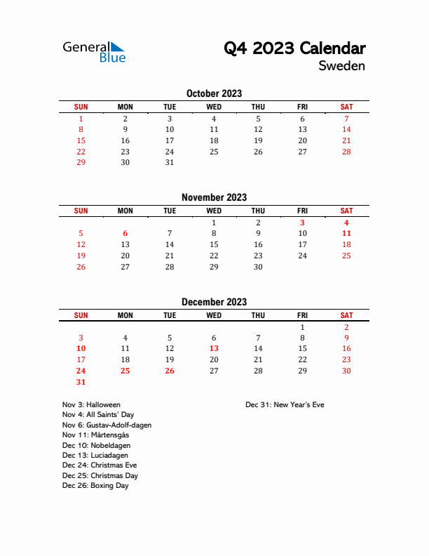 2023 Q4 Calendar with Holidays List for Sweden