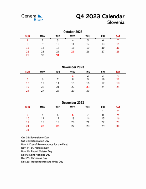 2023 Q4 Calendar with Holidays List for Slovenia