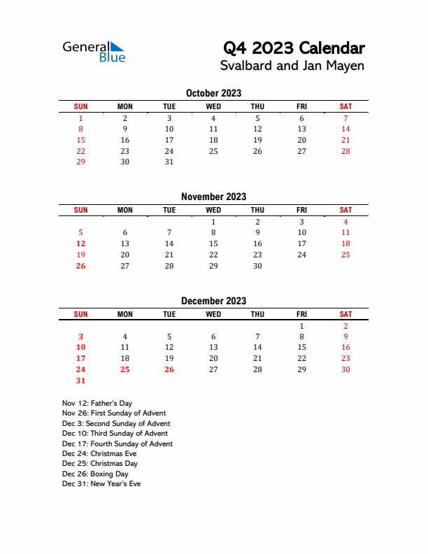 2023 Q4 Calendar with Holidays List for Svalbard and Jan Mayen