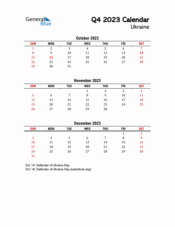 2023 Q4 Calendar with Holidays List for Ukraine