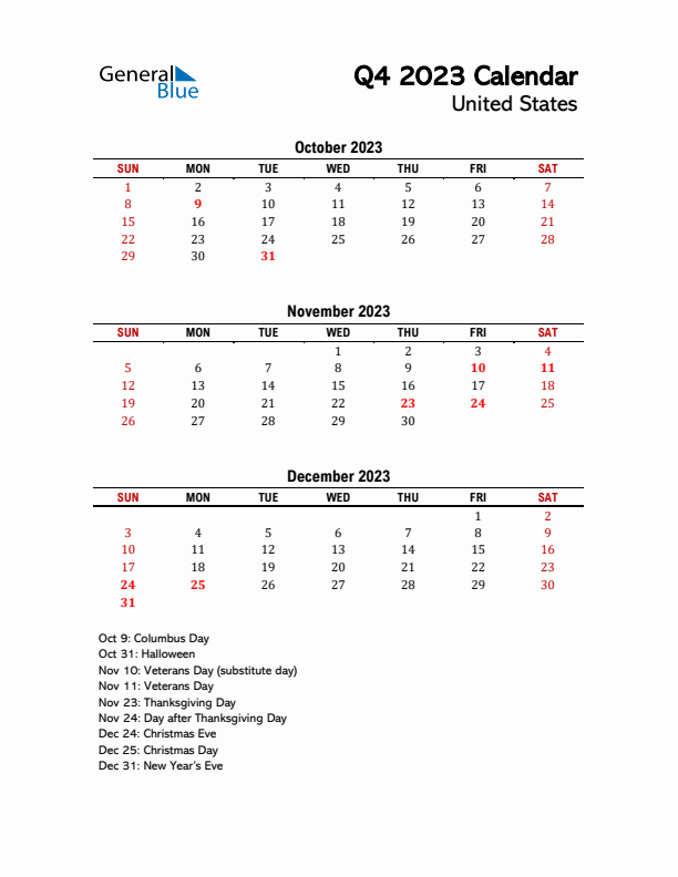 2023 Q4 Calendar with Holidays List for United States