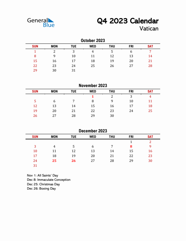 2023 Q4 Calendar with Holidays List for Vatican