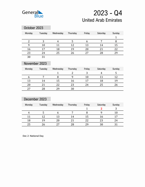 United Arab Emirates Quarter 4 2023 Calendar with Holidays