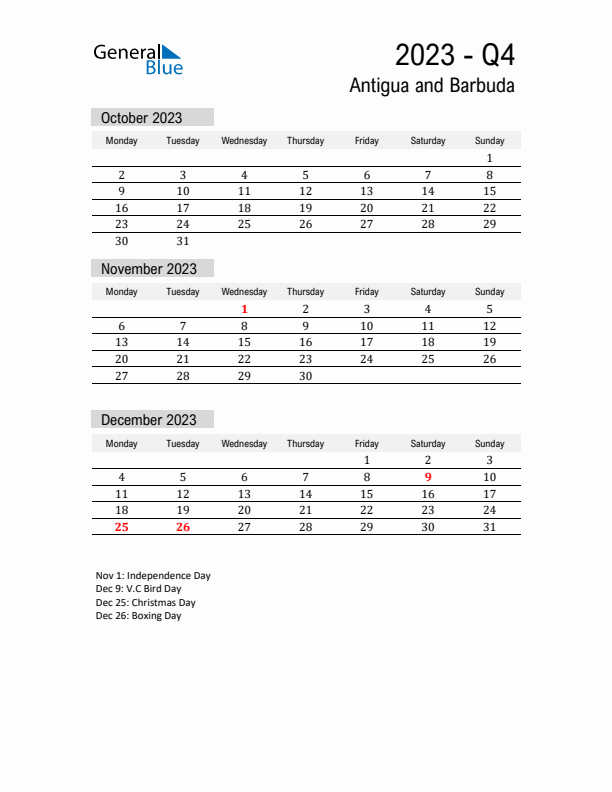 Antigua and Barbuda Quarter 4 2023 Calendar with Holidays