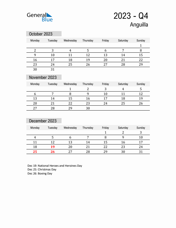 Anguilla Quarter 4 2023 Calendar with Holidays