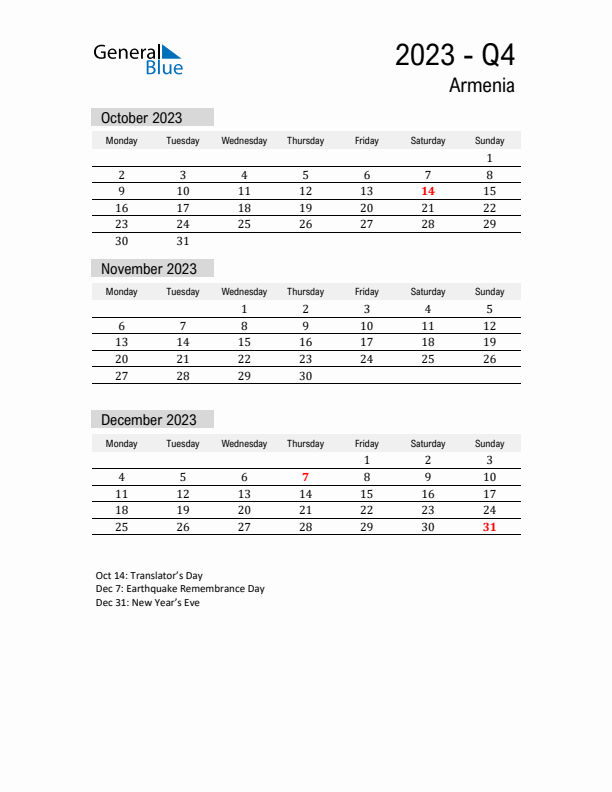 Armenia Quarter 4 2023 Calendar with Holidays