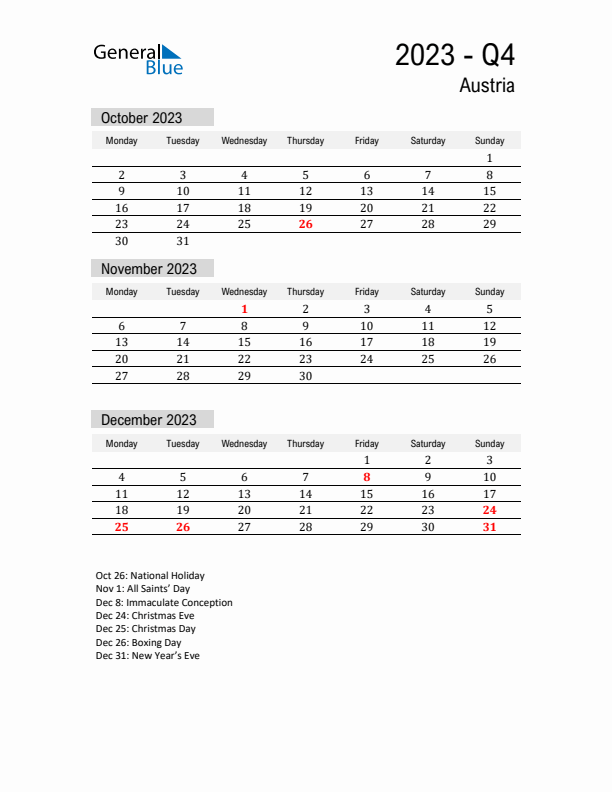 Austria Quarter 4 2023 Calendar with Holidays